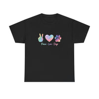 Load image into Gallery viewer, Peace • Love • Dogs Rainbow Paw Graphic Tee
